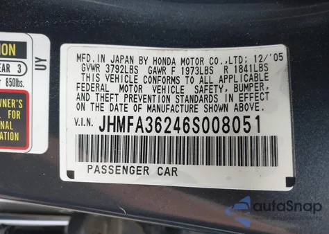 2006 Honda Civic Hybrid z USA, uszkodzony, nr VIN JHMFA36246S008051